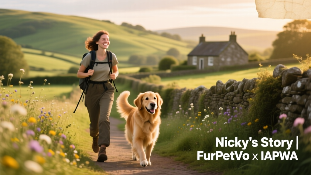 Nicky hiking with a joyful golden retriever during a FurPetVo assignment in the UK countryside