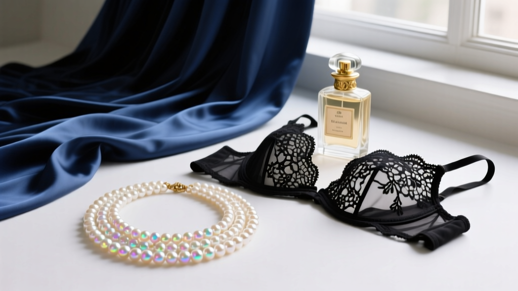 Fashion flat lay showing a layered sex pearl necklace paired with a black lace bralette, vintage perfume bottle, and silk robe