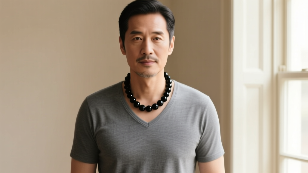 Man in a grey v-neck t-shirt layered with an 8mm matte black onyx beaded necklace, photographed in soft natural window lighting
