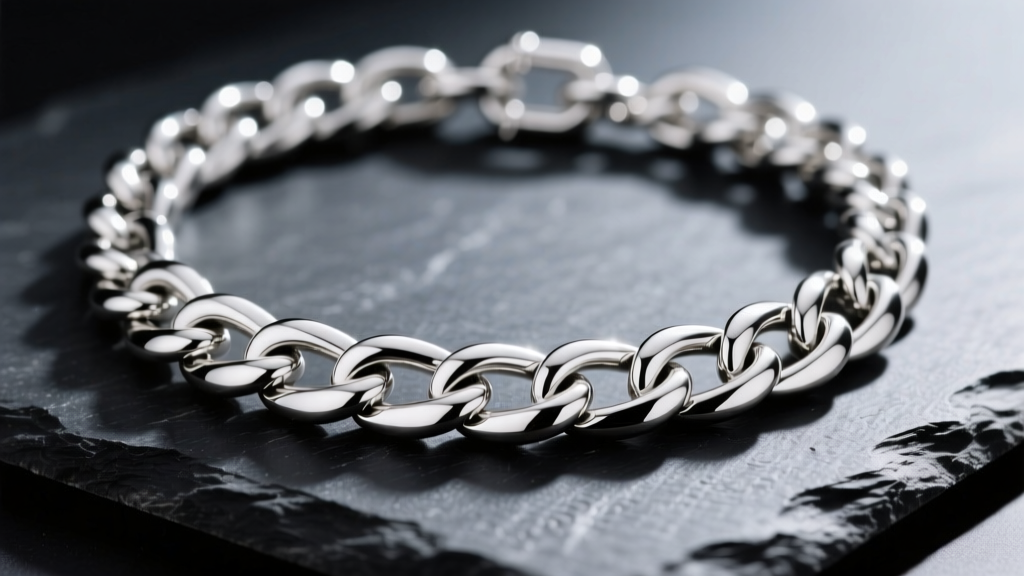 Close-up of a heavy 5mm solid 925 sterling silver Cuban chain link necklace on dark slate, highlighting interlocking links.