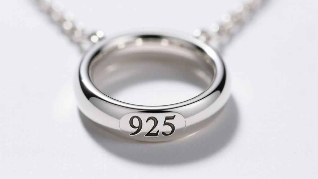 Macro photography of a 925 sterling silver stamp on a replica necklace jump ring, illuminated by bright, focused studio light.