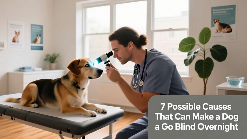 Veterinarian gently examining a dog's eyes with an ophthalmoscope in a calm clinical setting