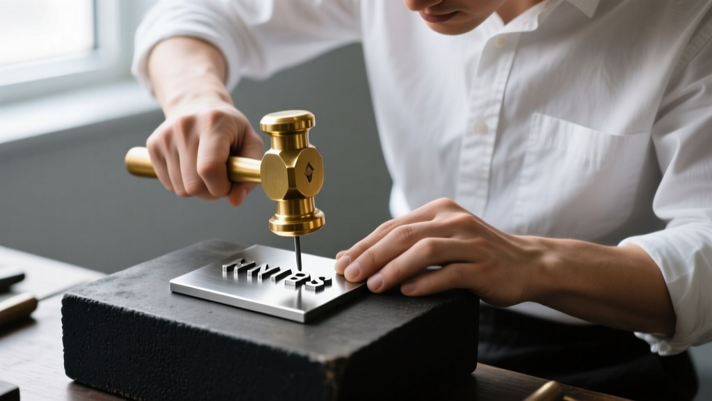 Jeweler using a brass mallet and steel stamps to hand-stamp letters into a stainless steel tag on a heavy rubber bench block.