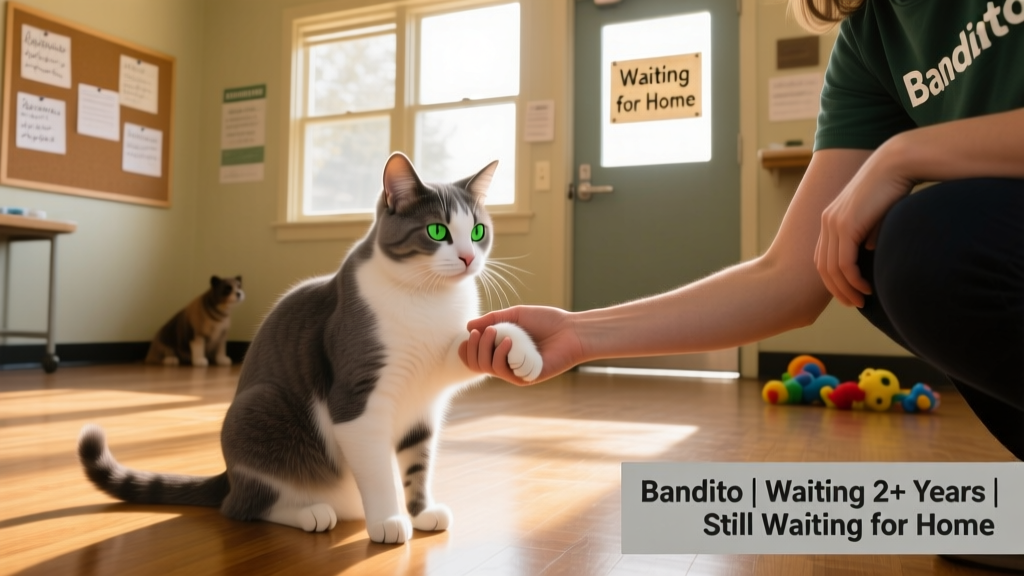 Bandito gently leaning into a volunteer’s hand during a quiet one-on-one session in a sunlit shelter room