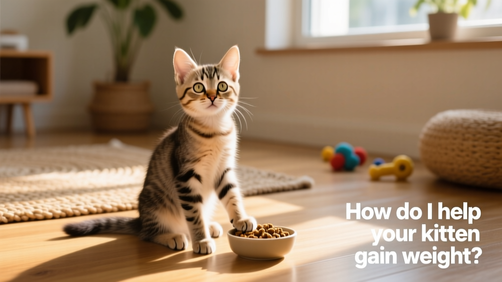 A healthy, playful kitten sitting upright, with visible but not prominent ribs and a gentle waistline visible from above