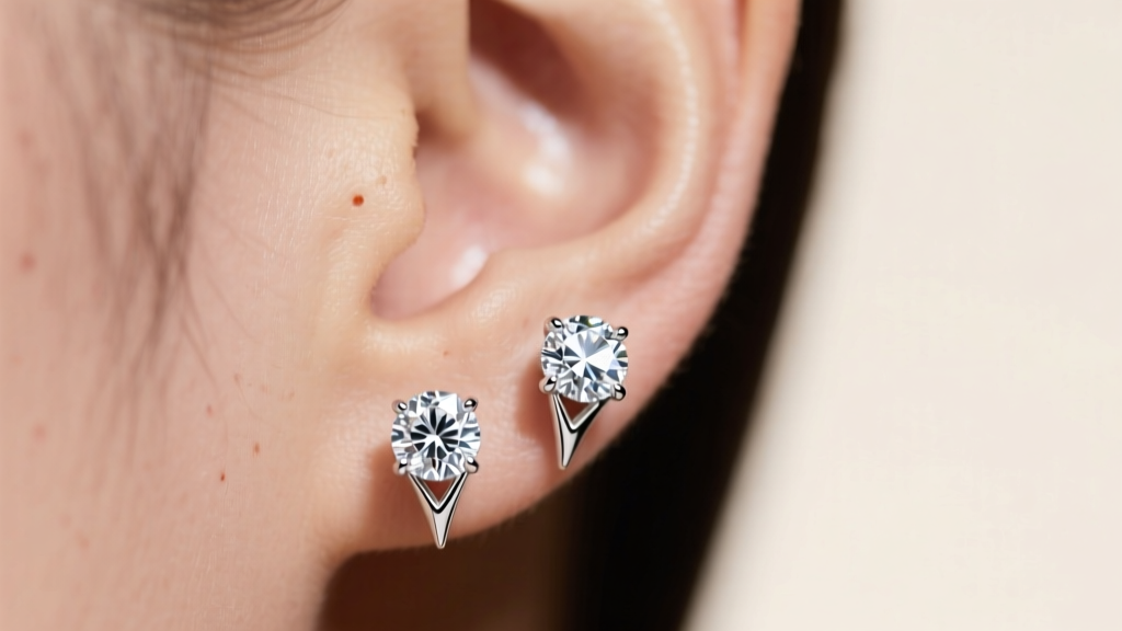 Close-up of an earlobe wearing large 2-carat diamond stud earrings in a platinum martini setting under soft studio lighting.