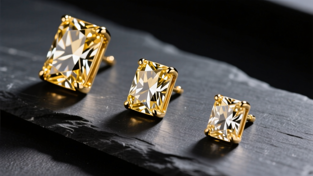 Flat lay of three different sized diamond bar earrings in yellow gold arranged diagonally on dark slate with soft macro lighting