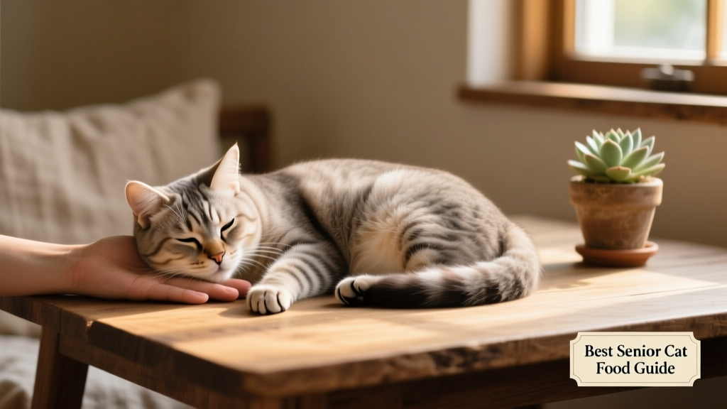 Senior cat curled up peacefully beside a human hand, symbolizing companionship and trust
