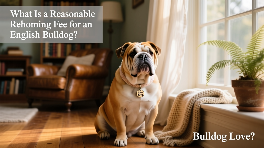 English Bulldog sitting calmly beside a cozy living room window, wearing a soft collar