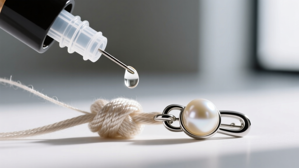 Close-up of a needle-tip bottle applying a microscopic drop of adhesive to a silk thread knot near a silver pearl clasp