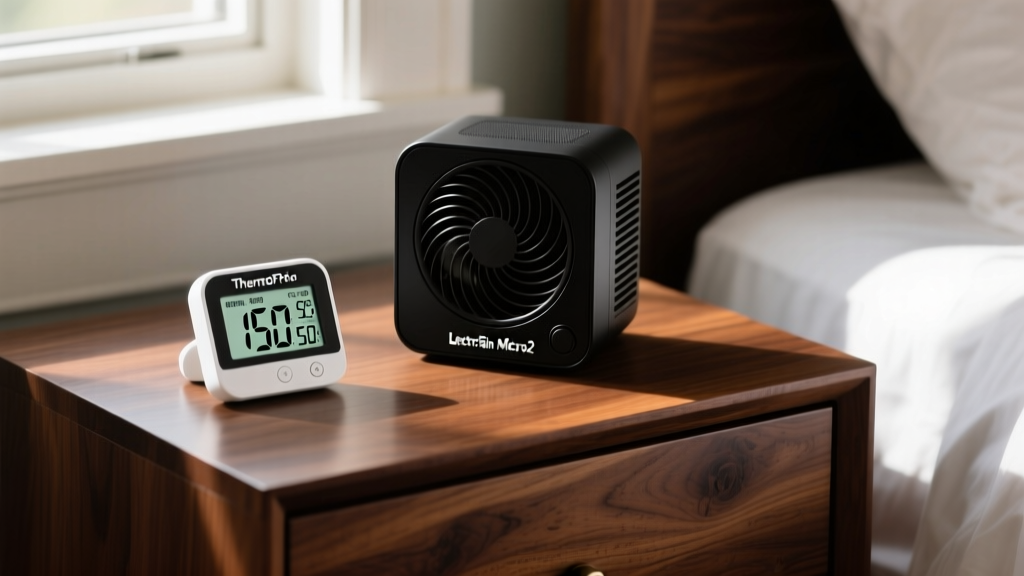 Close up of ThermoPro TP50 digital hygrometer and black LectroFan Micro2 sound machine resting on a dark oak nightstand