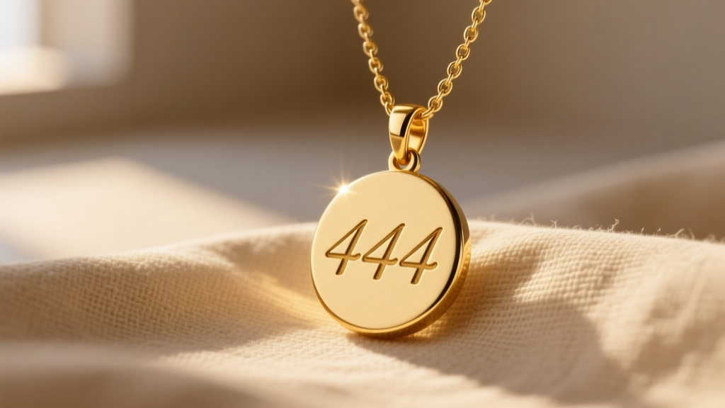 Close-up of a delicate 14k solid gold pendant necklace engraved with 444, resting on beige linen in warm natural sunlight