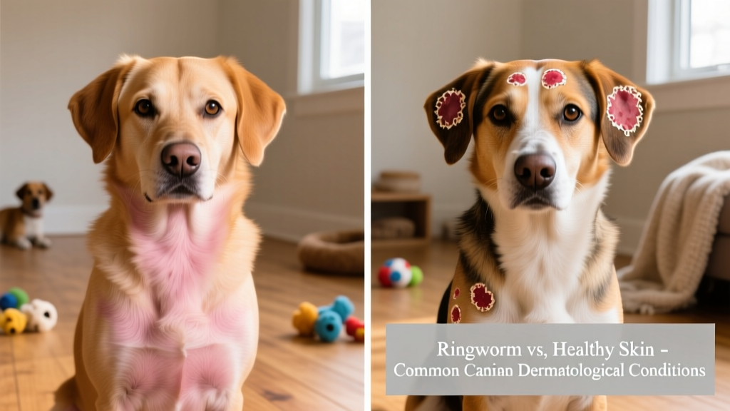 Side-by-side comparison showing healthy dog skin versus ringworm-affected skin with circular lesions and hair loss