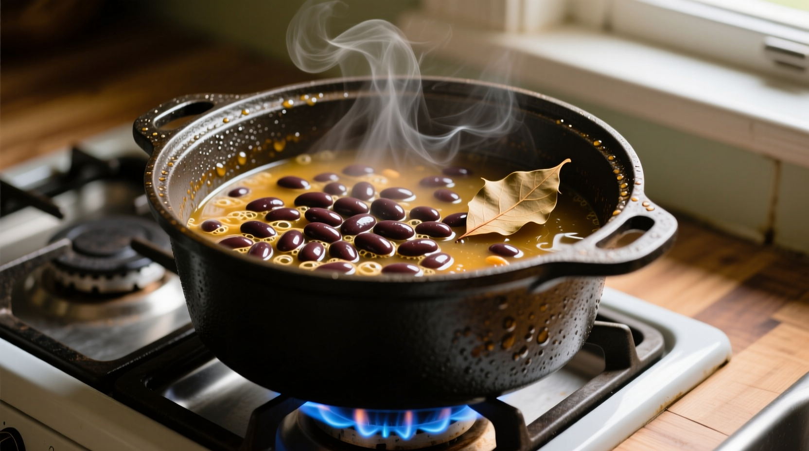 Stovetop beans simmering gently in a heavy pot