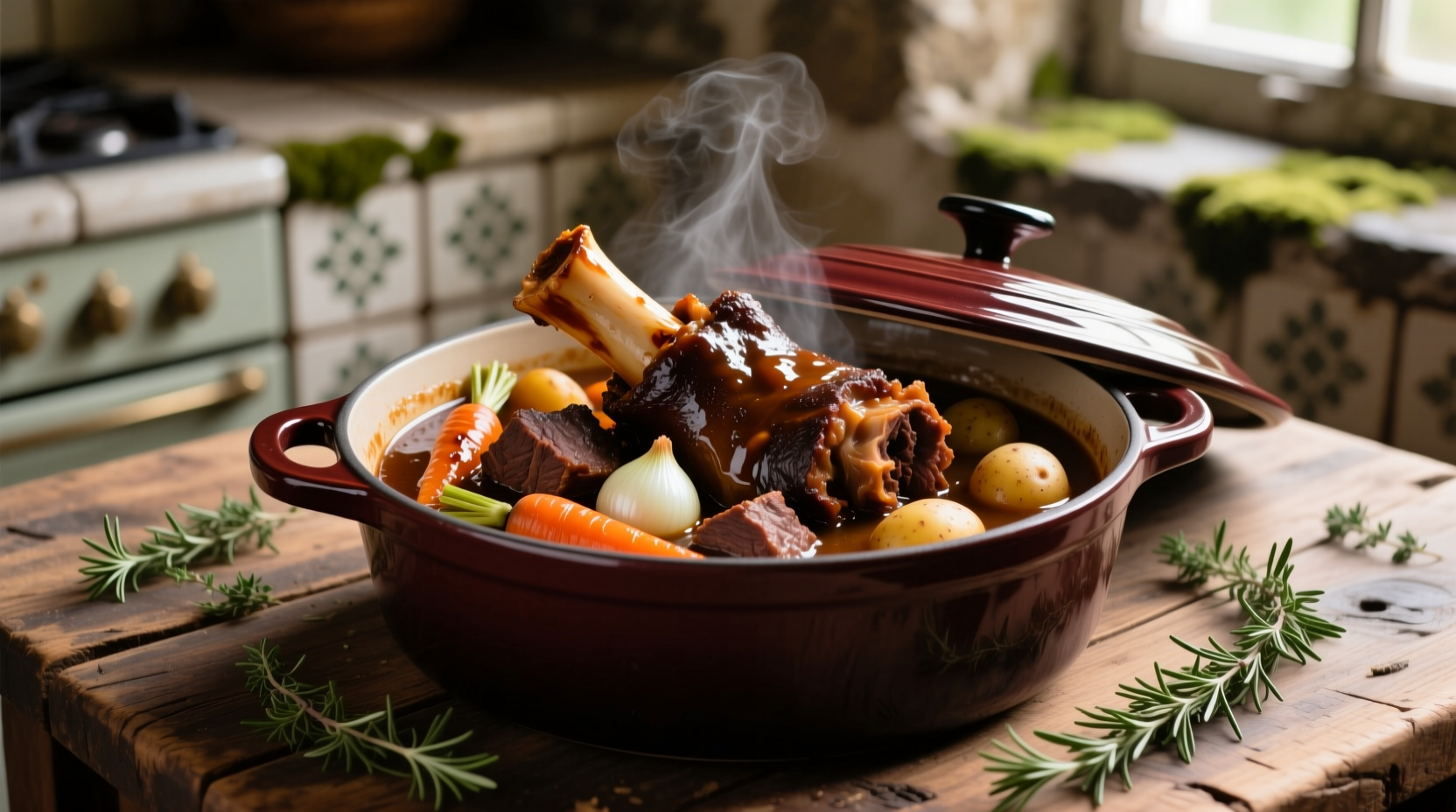 Braised ox tail in ceramic Dutch oven with vegetables