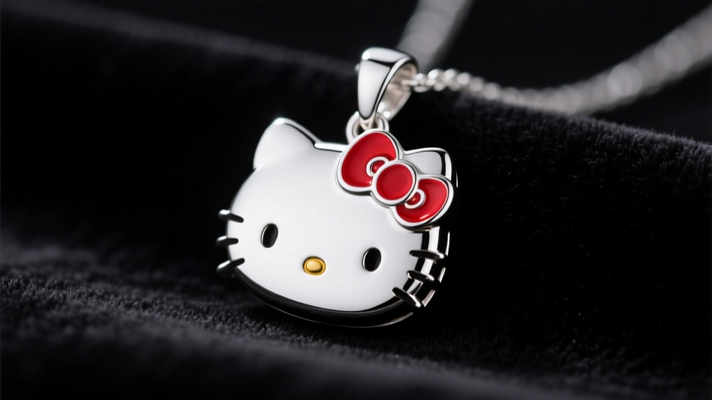 Macro shot of a sterling silver Hello Kitty pendant on black velvet, showing crisp rhodium plating and a vibrant red enamel bow.