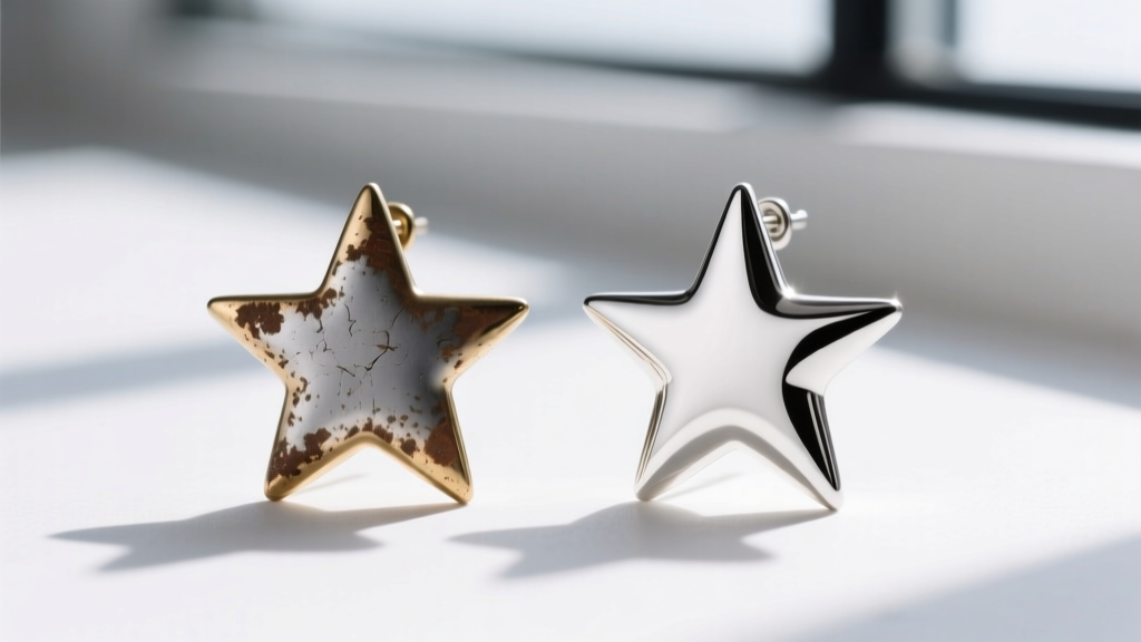 Tarnished silver-plated brass star earring beside an untarnished Argentium silver star earring for a direct material comparison.