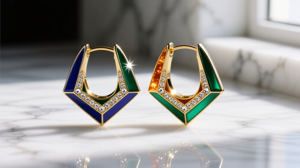 Close-up of geometric Tom Ford hoop earrings featuring vitreous enamel work and pave crystal detailing against a marble backdrop