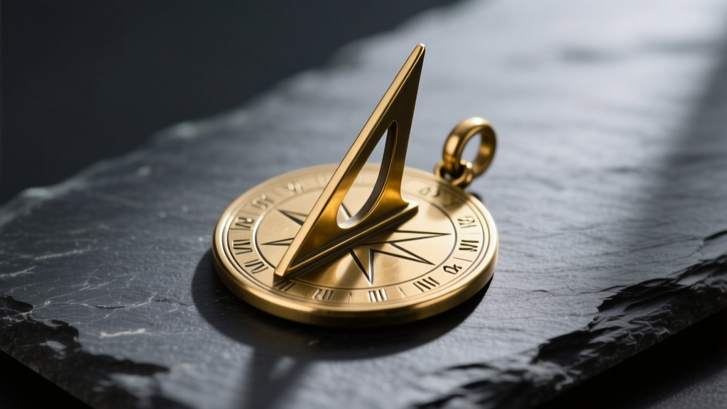 Close-up of a solid naval brass sundial necklace pendant resting on dark slate, showing the raised gnomon casting a sharp shadow.