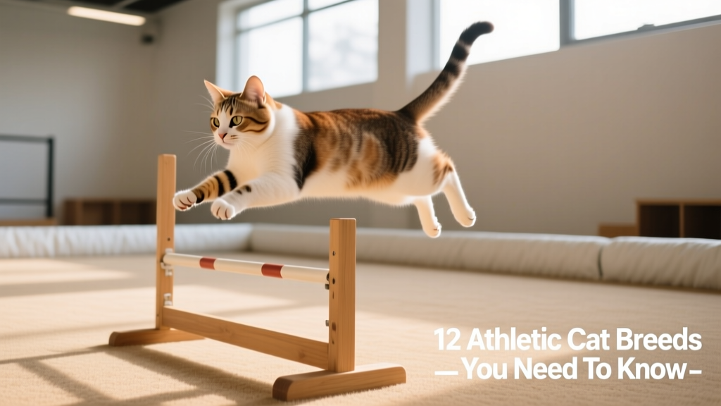 A Japanese Bobtail leaping playfully over a low hurdle in an indoor agility setup