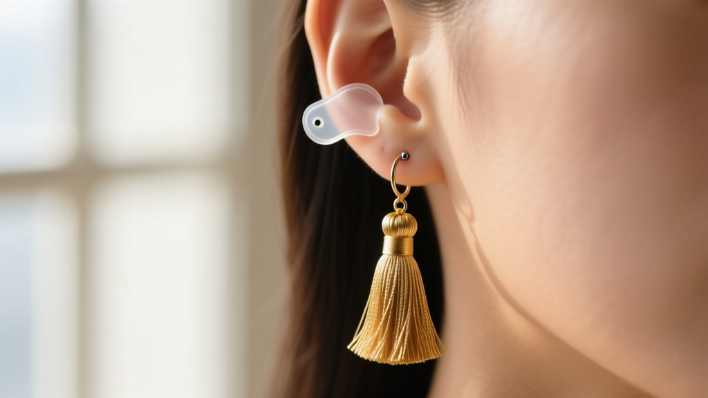 Macro photo of a clear silicone earring support patch applied to a pierced earlobe behind a heavy gold tassel earring, soft focus
