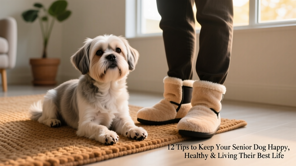 Senior Shih Tzu sitting calmly beside owner's feet, wearing soft protective booties and resting on a textured anti-slip mat