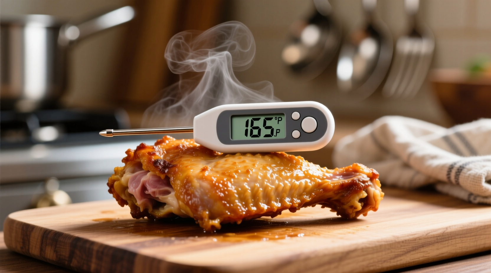 Digital thermometer showing 165 degrees in chicken wing