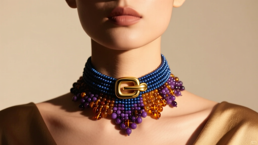 Model wearing an artisan beaded choker with a gold toggle clasp, photographed from the collarbone up in warm, soft studio lighting