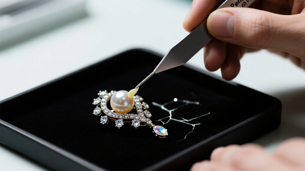 Close-up of conservator applying Paraloid B-72 adhesive with a micro-spatula to a broken Edwardian seed pearl and diamond brooch.