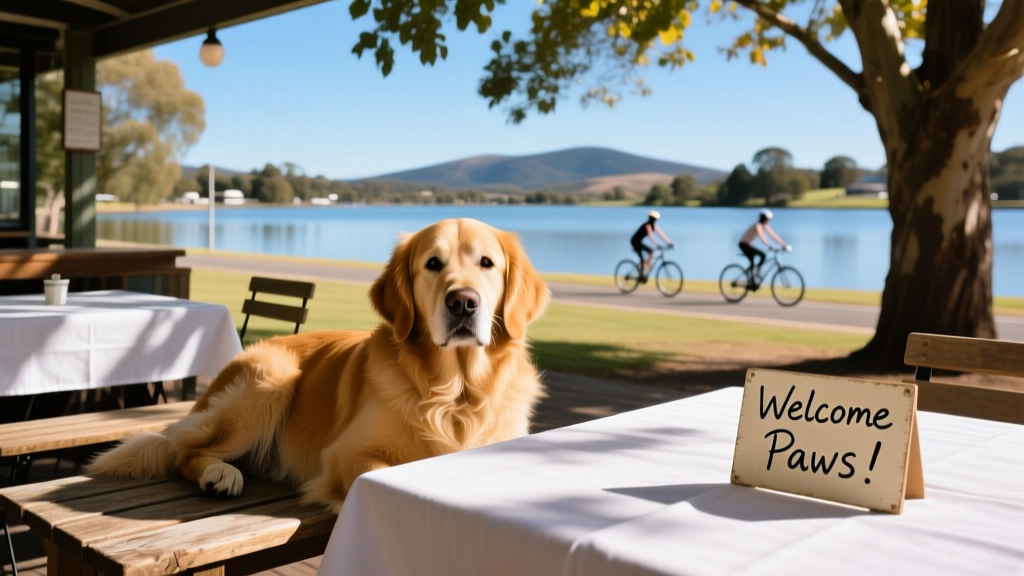 A dog lying under outdoor tables at a sunny, lakeside cafe in Ballarat
