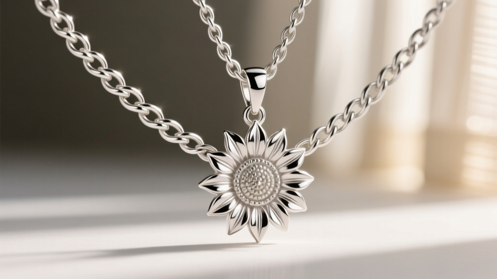 Close-up of a sterling silver wheat chain through a sunflower pendant bail, showing the intricate woven link structure and clasp.