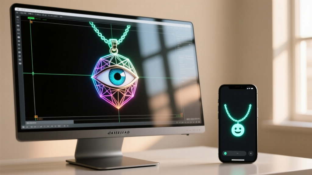 Close-up of a CAD wireframe model on a monitor showing an evil eye pendant next to a smartphone displaying a necklace emoji