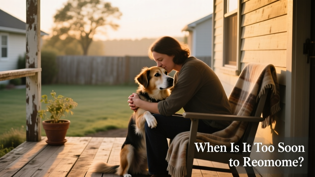 A person gently hugging their dog on a quiet porch at sunset, conveying warmth and connection before a transition