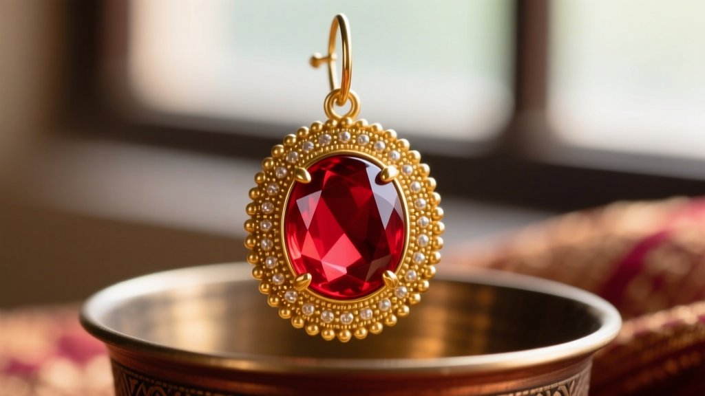 Macro shot of a red Kemp glass cabochon set in 22k gold bezel with granulation on a traditional South Indian Koppu earring.