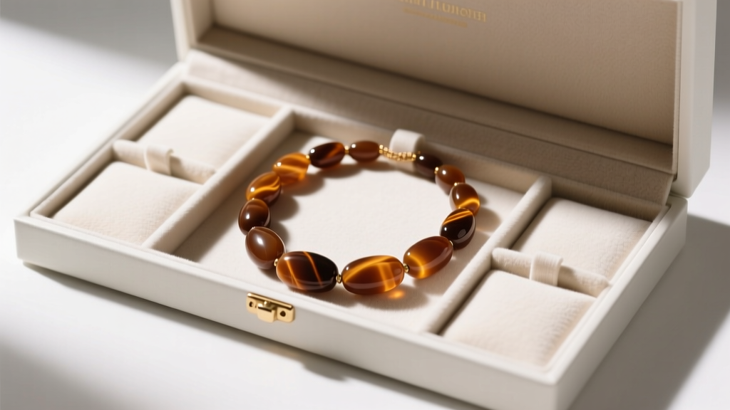 A brown jasper necklace neatly coiled inside an anti-tarnish jewelry box with individual soft velvet compartments and padding.