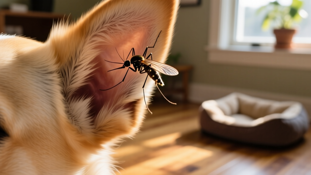 Close-up of a mosquito on a dog's ear, highlighting thin-furred area vulnerable to bites