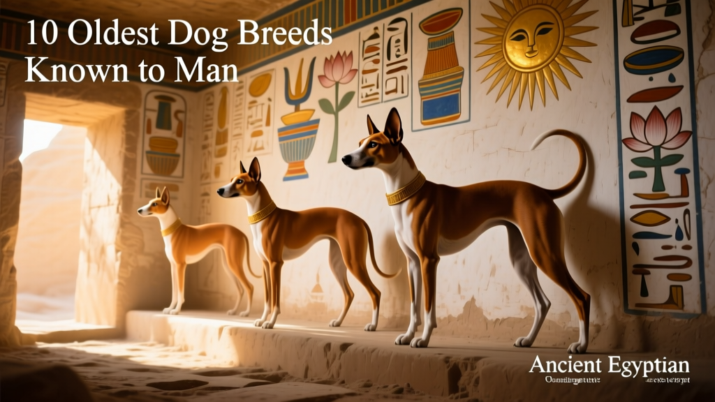 Ancient Egyptian tomb painting showing slender, elegant dogs resembling Basenjis and Pharaoh Hounds
