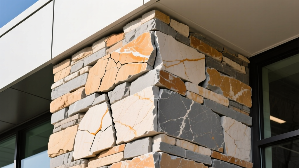 Close-up of split-face Fond du Lac dolomitic limestone veneer in warm buff and gray tones installed on a commercial building exterior