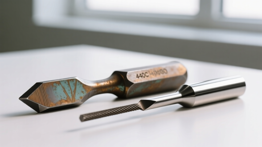 Macro photography of a high-carbon steel lapidary carving tool showing slight patina, placed next to a pristine 440C stainless steel burnisher
