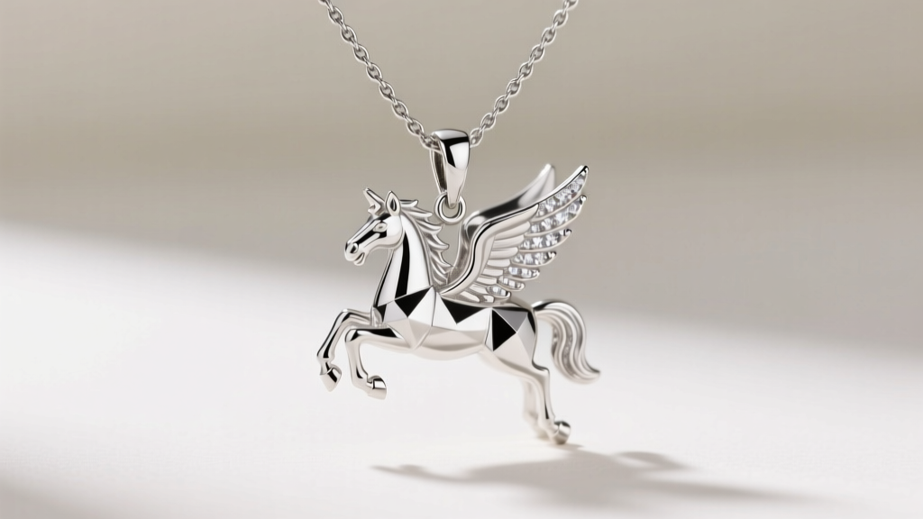 Heavy platinum pegasus necklace pendant on a 3mm rope chain, showing the diamond-cut bail and secure lobster clasp mechanism.