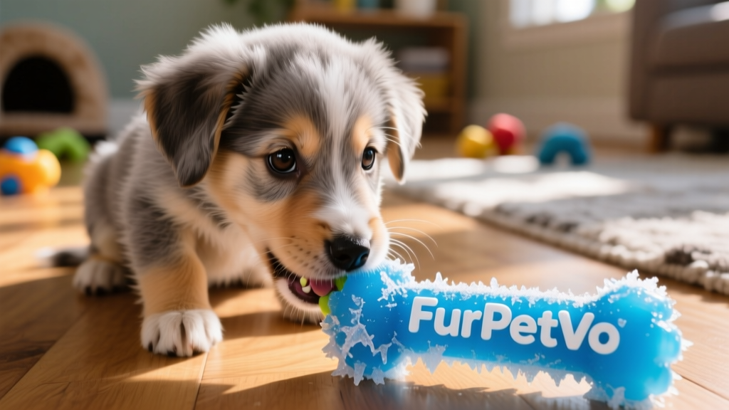 Close-up of a teething puppy gently gnawing on a blue frozen chew toy labeled 'FurPetVo'