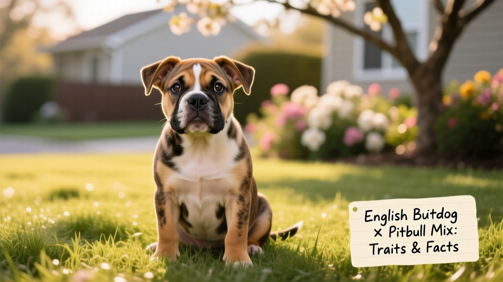 A friendly English Bulldog and Pitbull mix puppy sitting on a grassy lawn, looking alert and sweet