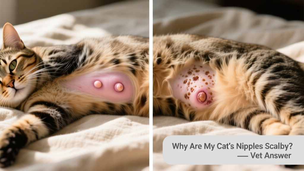 Side-by-side comparison: healthy pink nipples vs. inflamed, scabbed nipples on a cat’s abdomen