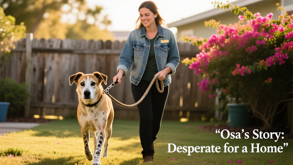 Osa walking confidently on a short leash beside a shelter volunteer in a sunny outdoor yard