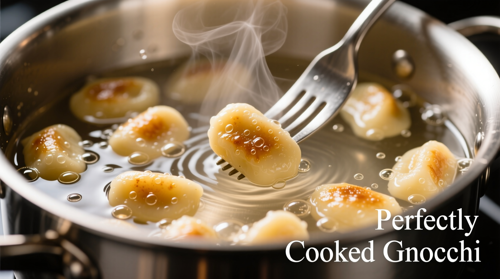 Perfectly cooked gnocchi floating in simmering water