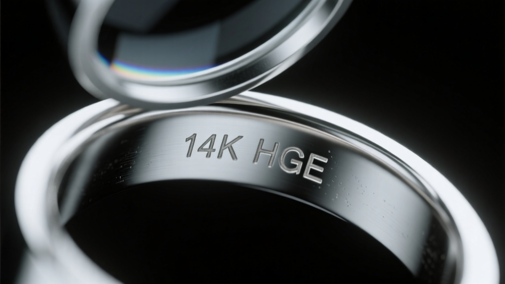 Macro shot of a loupe inspecting a ring shank to reveal a faded 14K HGE stamp under focused LED light against a dark background.