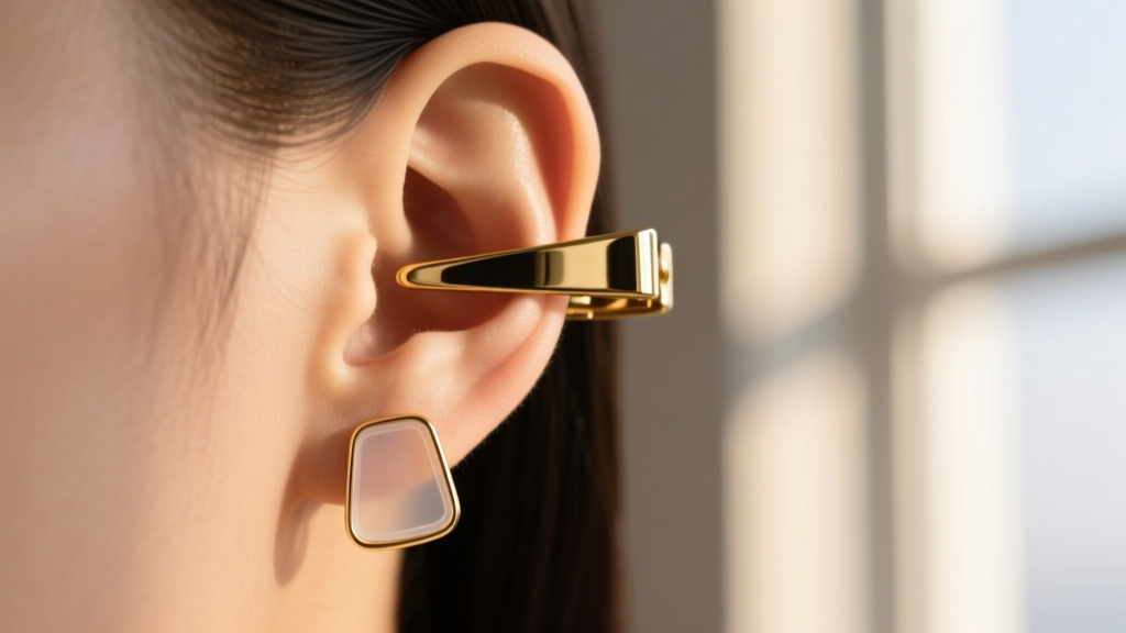 Close-up of an ear wearing a gold paddle clip-on earring with a clear silicone pad, soft lighting highlighting the earlobe edge