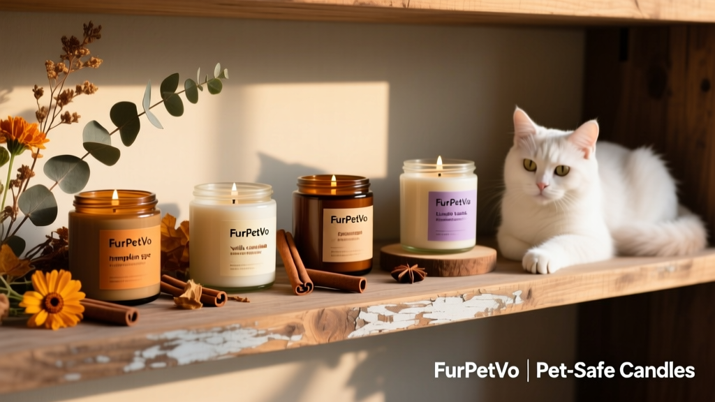 A curated shelf display showing four FurPetVo candle jars in fall-inspired scents—pumpkin spice, vanilla crème brûlée, cinnamon apple, and lavender vanilla—with natural wood accents and dried botanicals