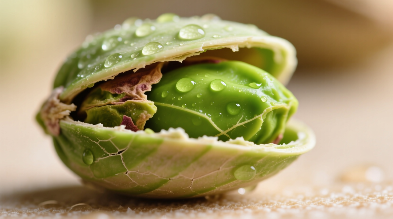 Close-up of fresh pistachios in shell showing vibrant green kernel