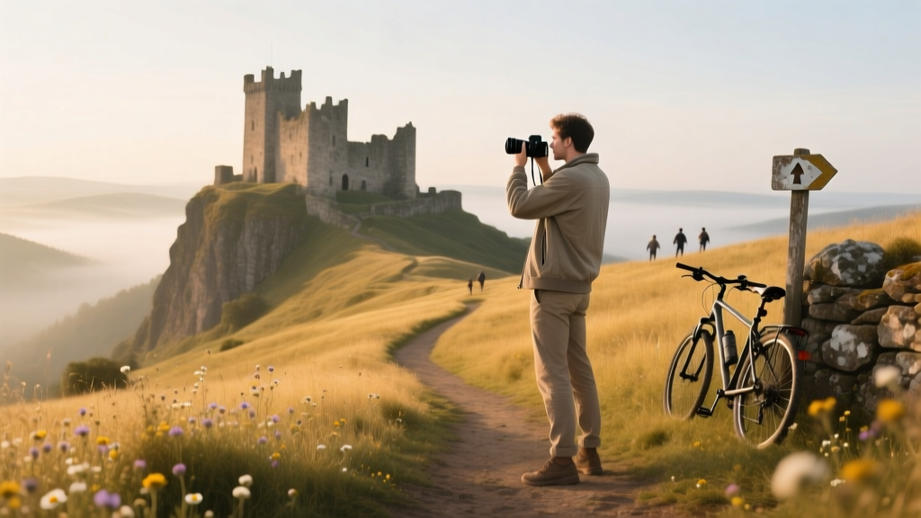 A solo traveler taking a photo of a castle on a hill